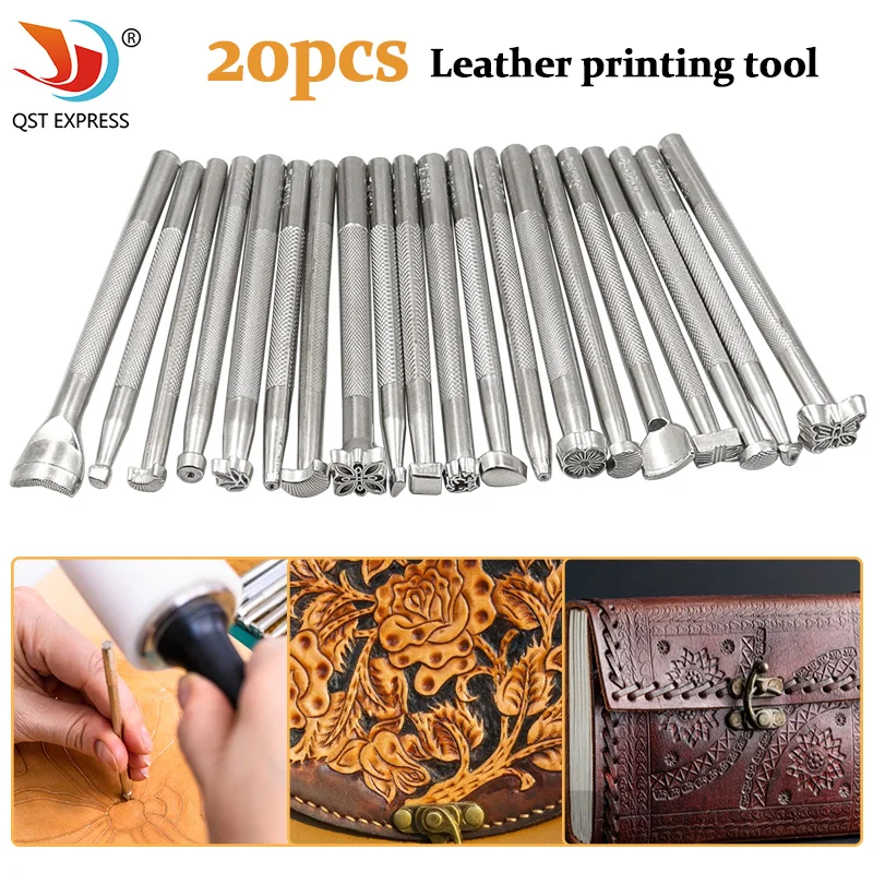 20pcs Leather Stamp Printing Tool Kit Alloy Stamp Punch Set Carving Saddle Making Tools for Leather Craft DIY Artwork