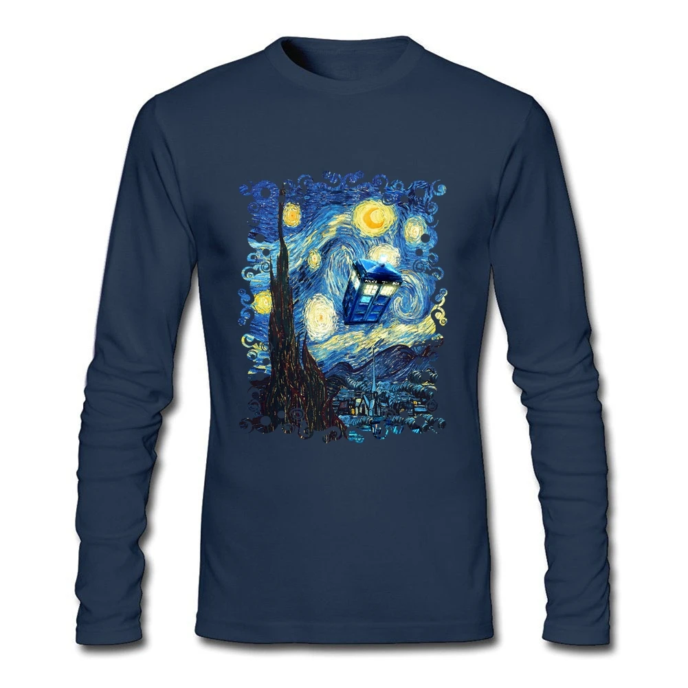 Удобная мужская футболка с телефонной будкой Доктор Кто Ван Гог Звездная ночь 100%