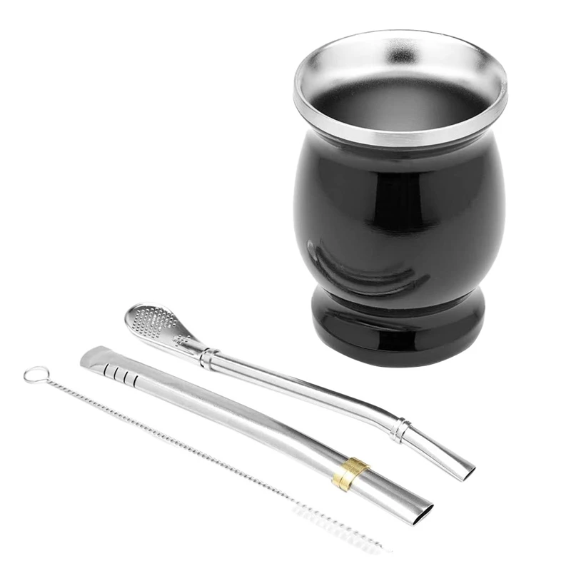 

Double-Wall Stainless Yerba Mate Gourd Tea Cup Set Coffee Water Cup with 2 Bombillas Straws Spoon&Clean Brush 8Oz