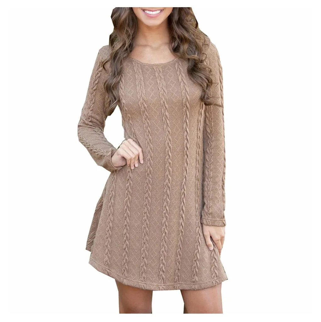 Женское платье-свитер с круглым вырезом и длинным рукавом новинка 2019