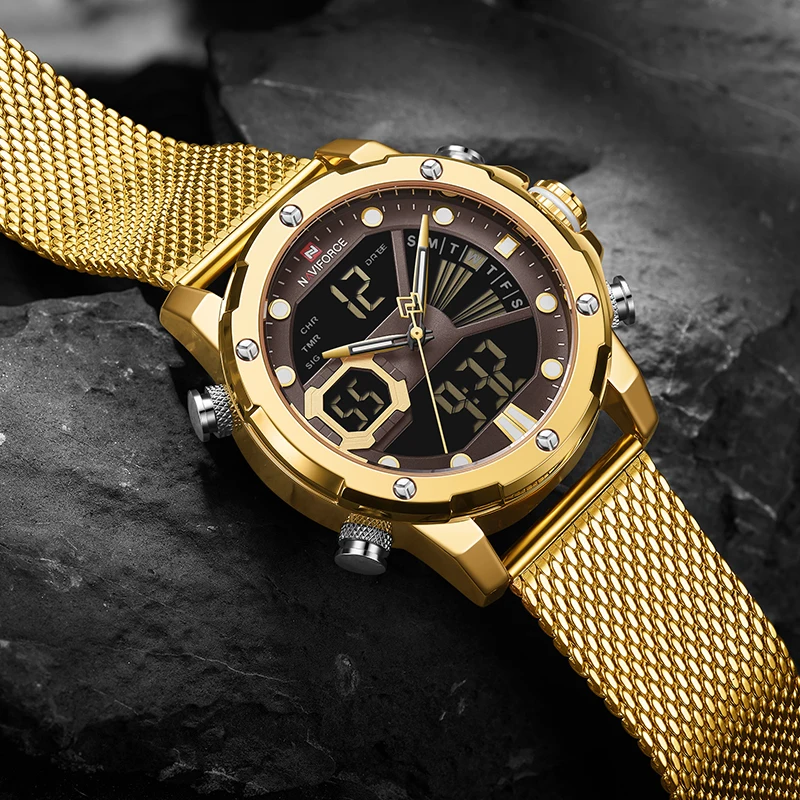 Часы наручные NAVIFORCE Мужские кварцевые люксовые брендовые золотистые Модные