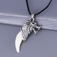 punk style white black wolf tooth spike choker necklace with rope chain animal wolf head pendant necklace for men boys