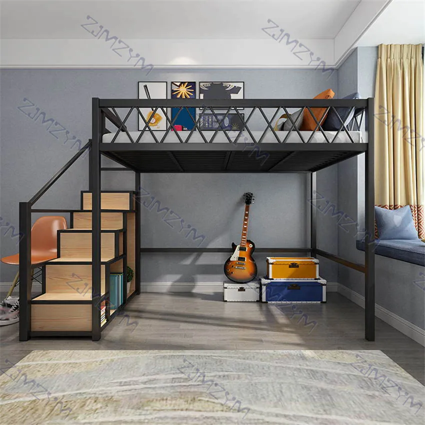 Twin Size Space-Saving Metal Loft Bunk Bed Single Modern Student Dormitory Sturdy Frame Guard Rail Stairs | Мебель