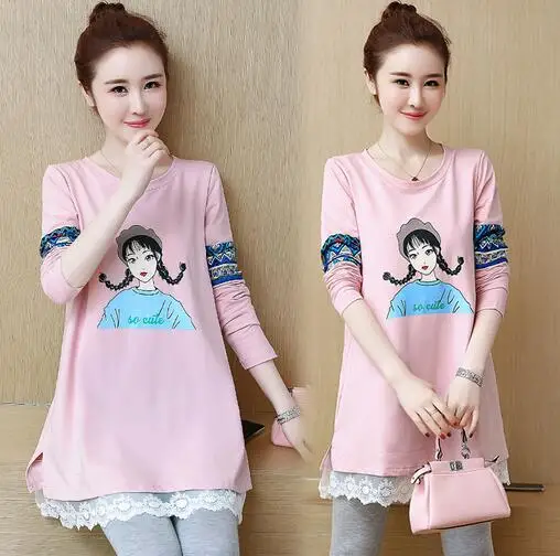 

Maternity Long Sleeve Loose Cute Casual Shirts Pregnant Women Autumn Lace Patchwork O-Neck Blouses Pregnancy Clothes