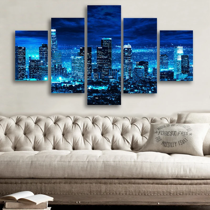 

Los Angeles Skyline at Night 5 Panel Canvas Picture Print Wall Art Canvas Painting Wall Decor for Living Room Poster