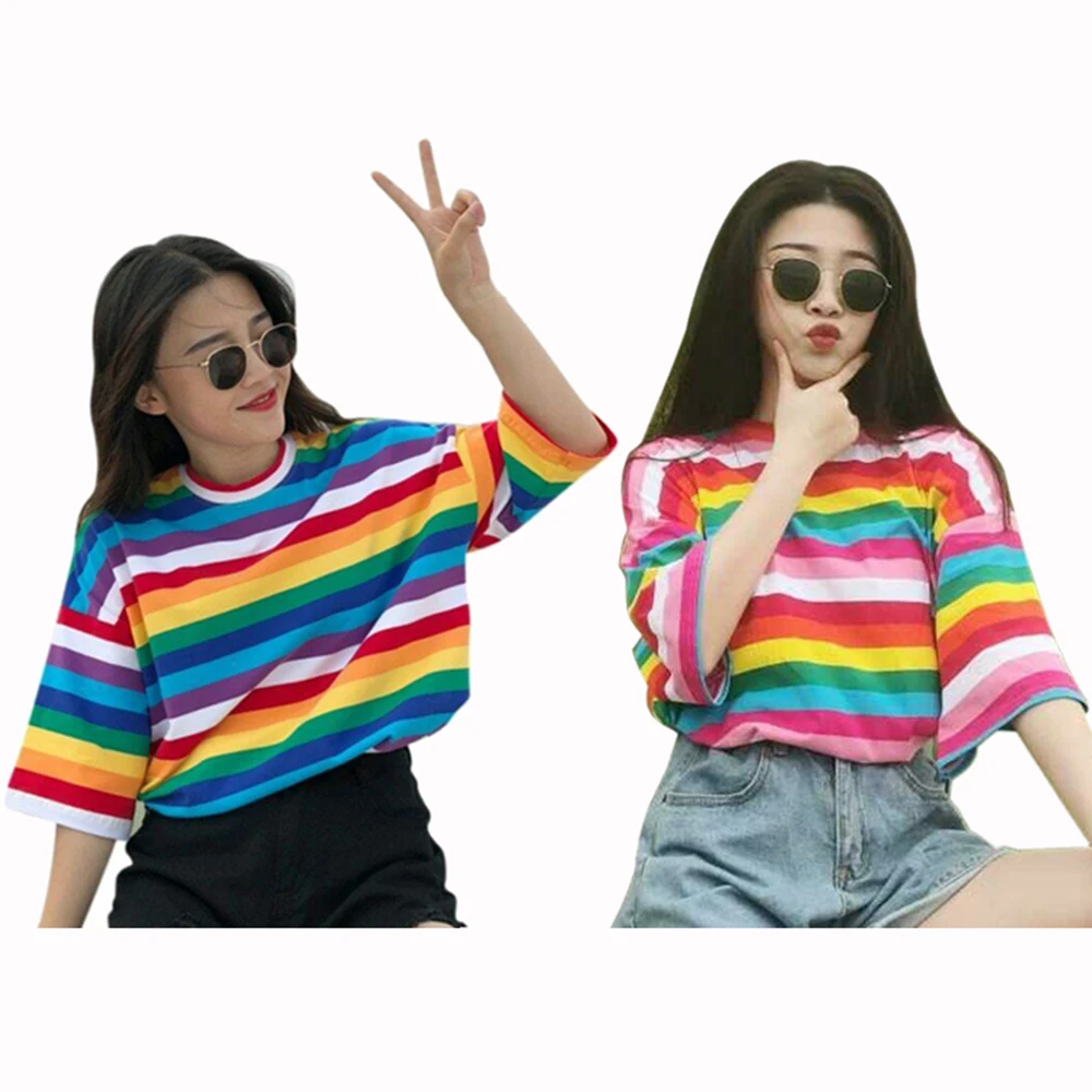 Модные радужные цветные полосатые женские топы с коротким рукавом и круглым