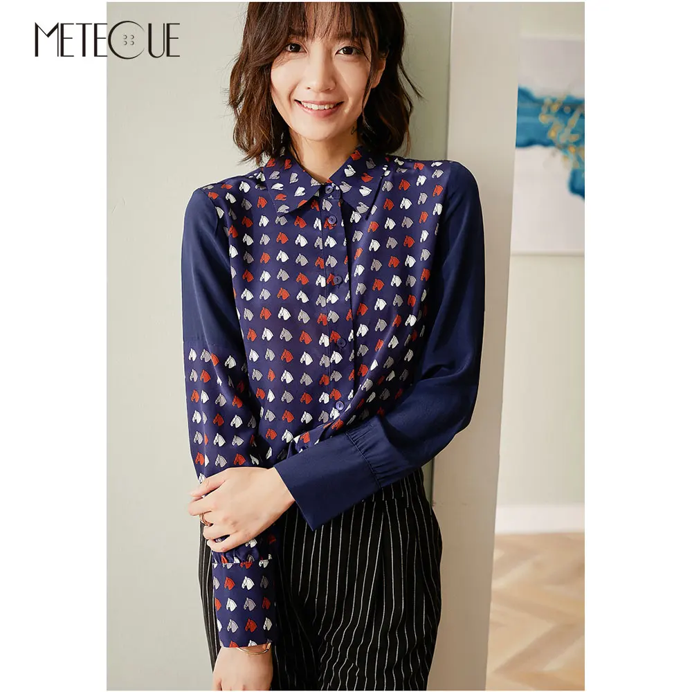 100% Шелковая женская блузка 2019 осень зима мода лошади шаблон с длинным рукавом