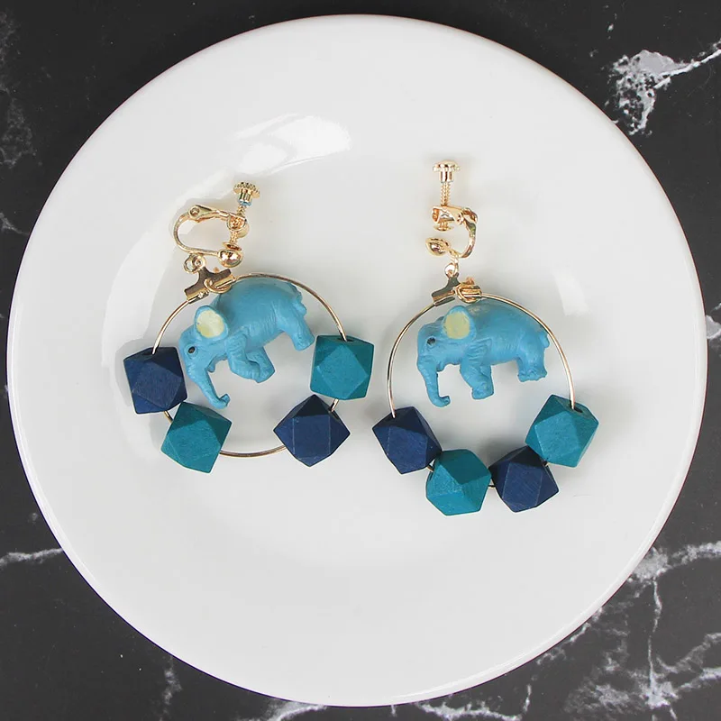 Серьги-клипсы с животным большим кулоном слоником бирюзовыми синими клипсами