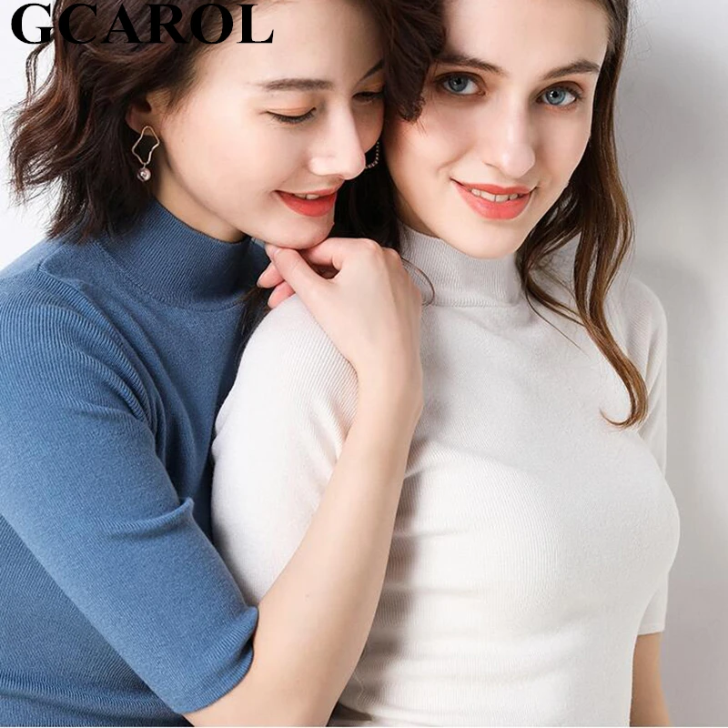 Женский свитер с воротником-стойкой GCAROL, яркий эластичный вязаный пуловер из 30%-ной шерсти с полурукавами в офисном стиле на осень, весну и зиму