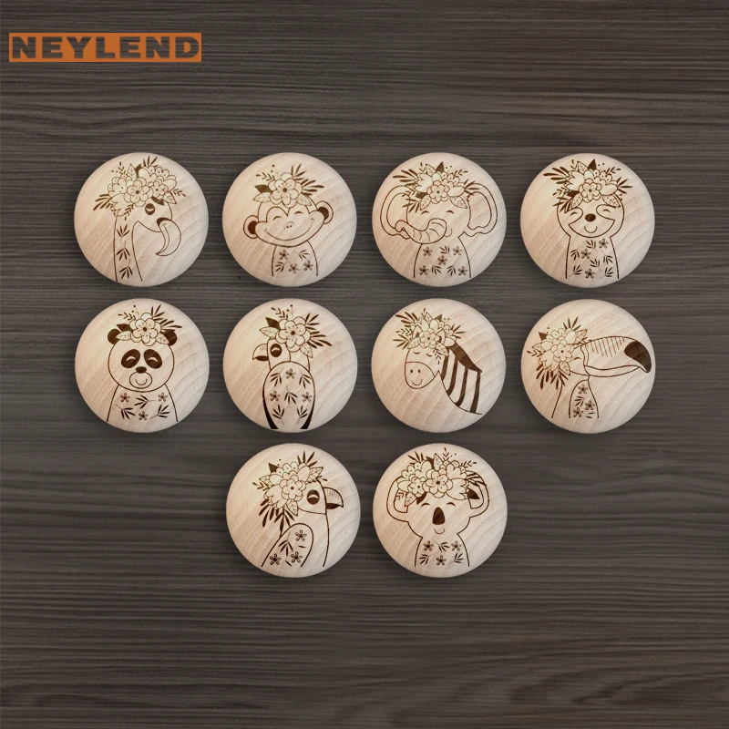 Купи Children Engraved Wooden Drawer Handle Boho Floral Tropical Animals Nature Wooden Knobs Single Hole Beech Circular Cabinet Pulls за 104 рублей в магазине AliExpress