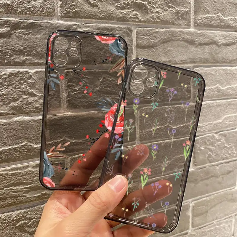 

Colorful Real Dry Flower Phone Case For iPhone 7 8 11 12 X XS XR MINI Pro Max Plus Retro Black Grey clear transparent