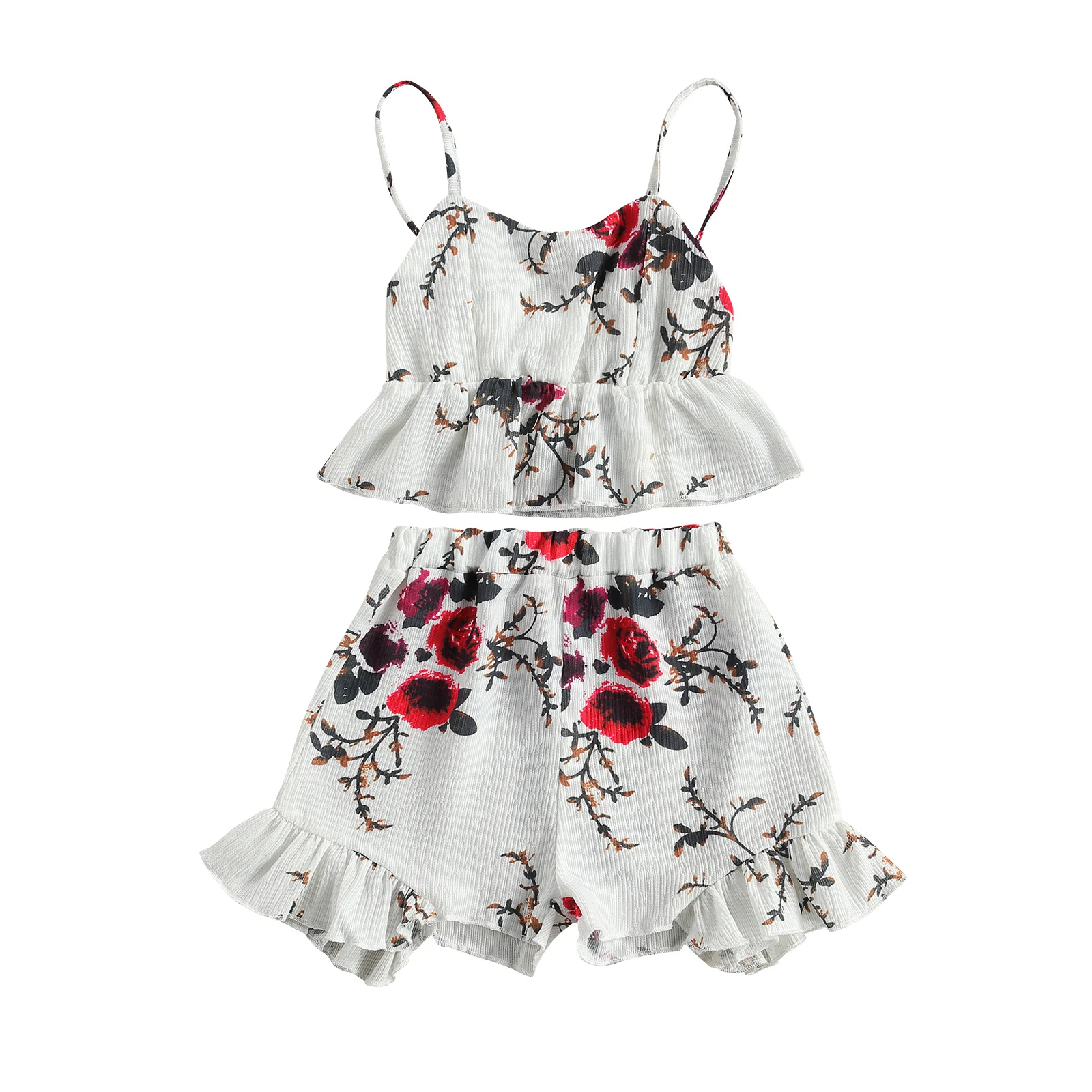 

2 Pcs Toddler Flower Print Outfits, Girls Sleeveless Spaghetti Strap V-neck Tank Top + Ruffle Shorts