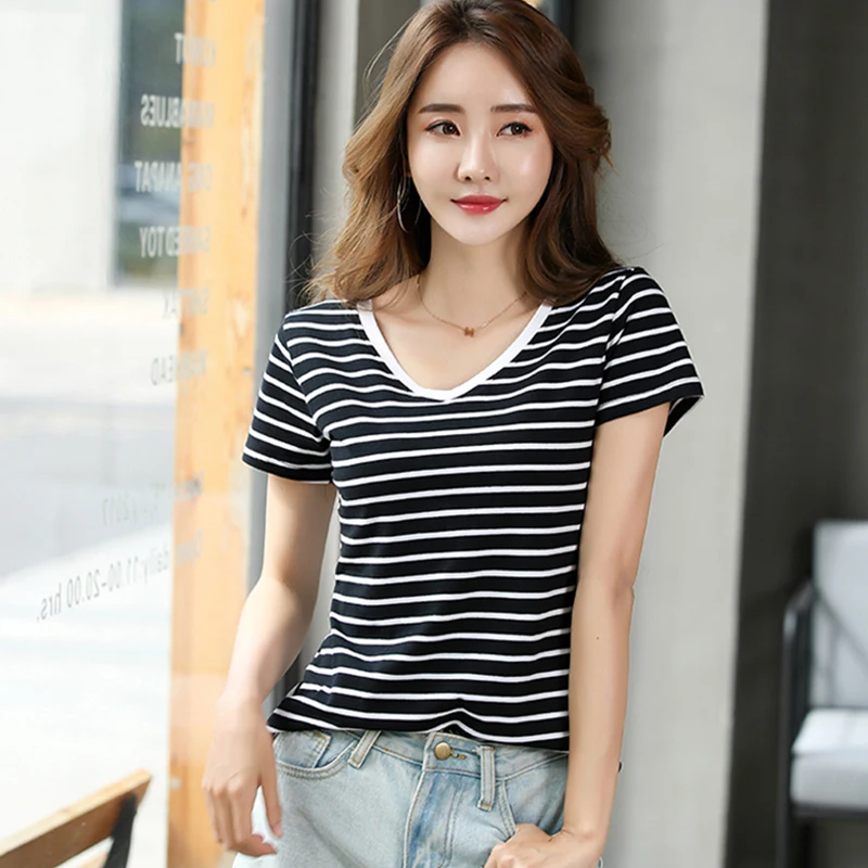 Летняя женская футболка Повседневная Женский хлопковый топ Женская Полосатая