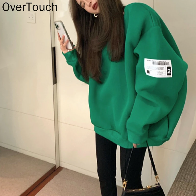 

Overtouch Female Solid Green Casual Loose Hoodies Women's Korean Style Fashion O-neck Pullovers Sweatshirt Ladies Winter Tops