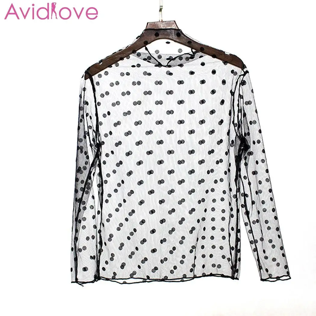 Женская мода стоячий воротник с длинным рукавом Прозрачная обычная футболка