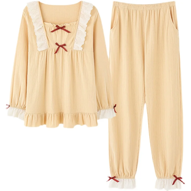 

2021 Spring and Autumn New Homewear Suit Long-Sleeved Trousers Cotton Princess Pajamas Square Collar Lace Cute Bow Sleepwear