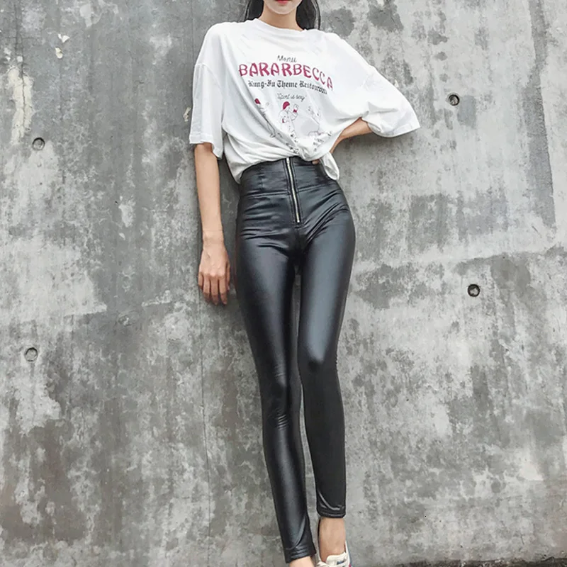 LIBERJOG Women Stretch Skinny Lift Hip PU Leather Pants Black Pencil Pants High Waist Plus Size Female Honey Peach Pants