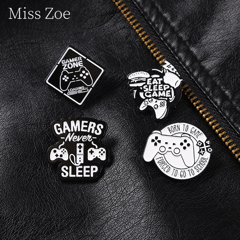 

Gamers Sleep Enamel Pins Game Lovers Brooches For Black White Letter Metal Punk Style Badges For Backpack Bags Jewelry Wholesale