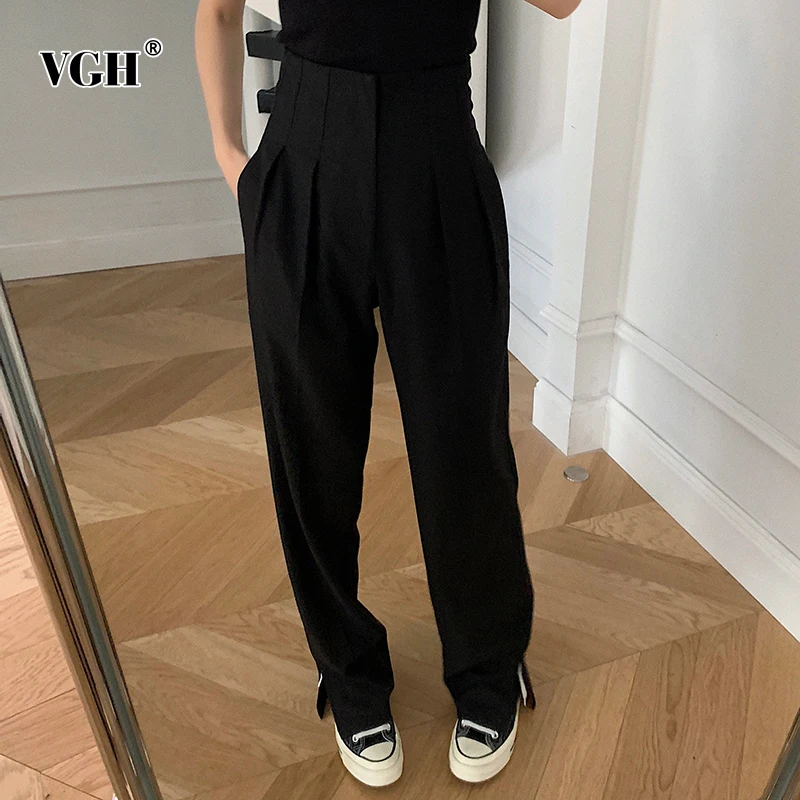 

Женские брюки с разрезом VGH, повседневные облегающие однотонные брюки со складками и присборенной талией в Корейском стиле, модные темперам...