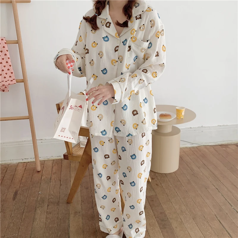 

spring autumn cotton gauze pajama set women cartoon print bear kawaii home clothes comfortable breathable trousers homewear L931