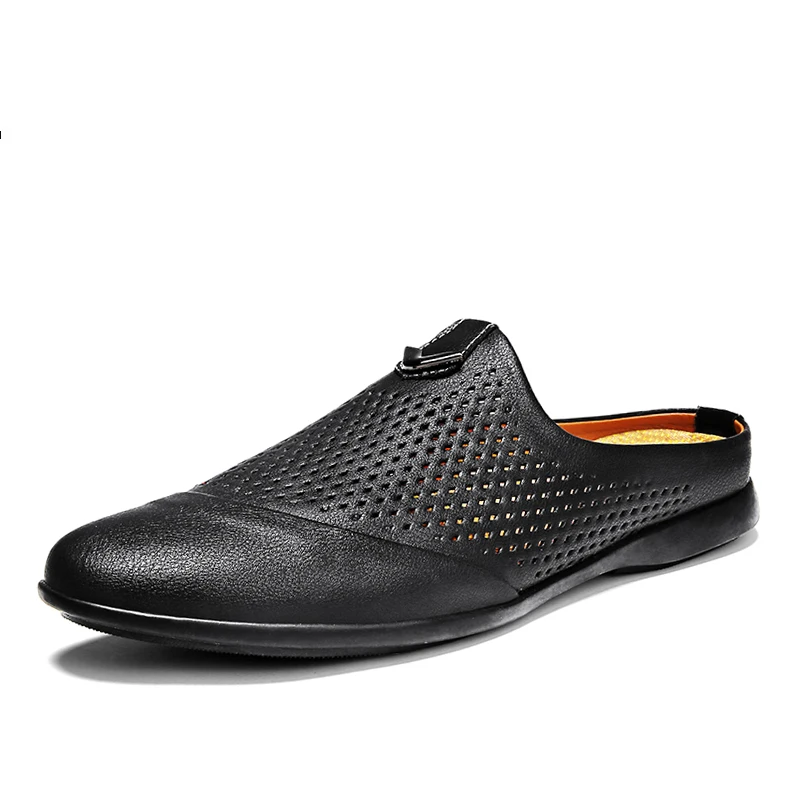 

Summer Casual Man Mules Fashion Half Shoes Hollow Breathable Half Loafers Lightweight Oudoor Slippers Leather Men Sandals