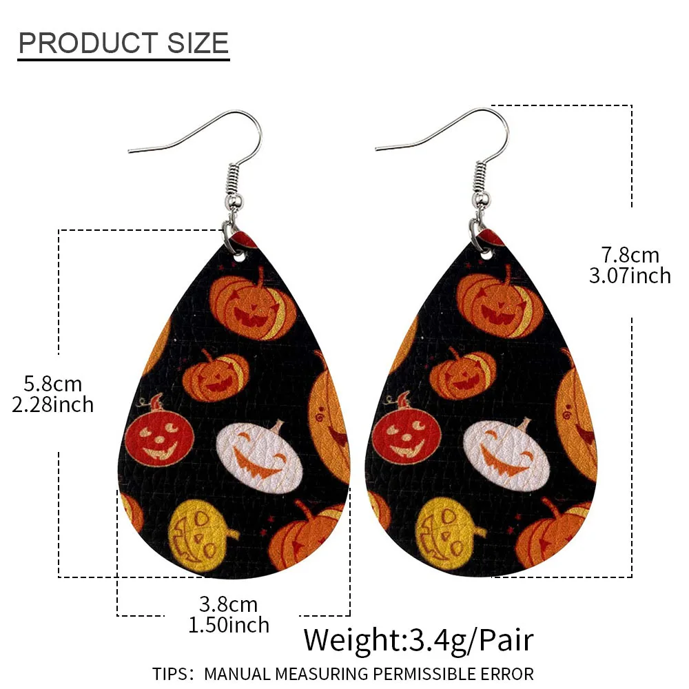 

Halloween leather earrings double-sided printed drop-shaped PU leather earrings new skull Spider Witch earrings