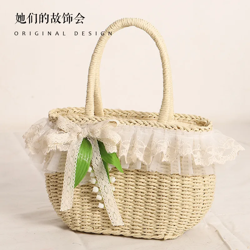 

Handbag female lace straw woven bag casual summer flowers small fresh original bag 2021 new design sense