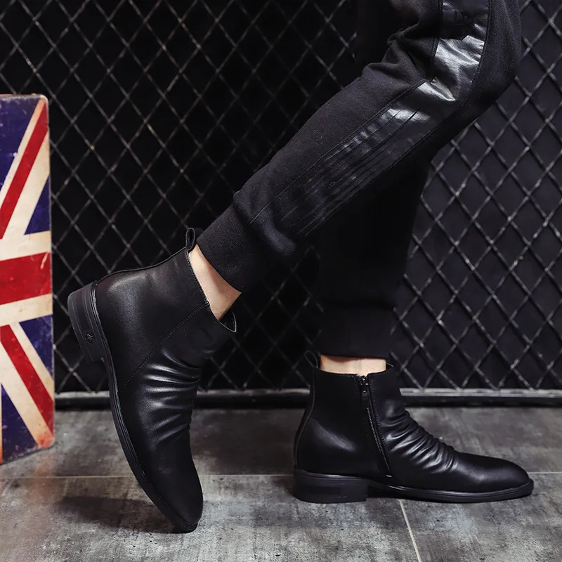 Мужские модные ковбойские ботинки в Корейском стиле обувь из натуральной кожи с