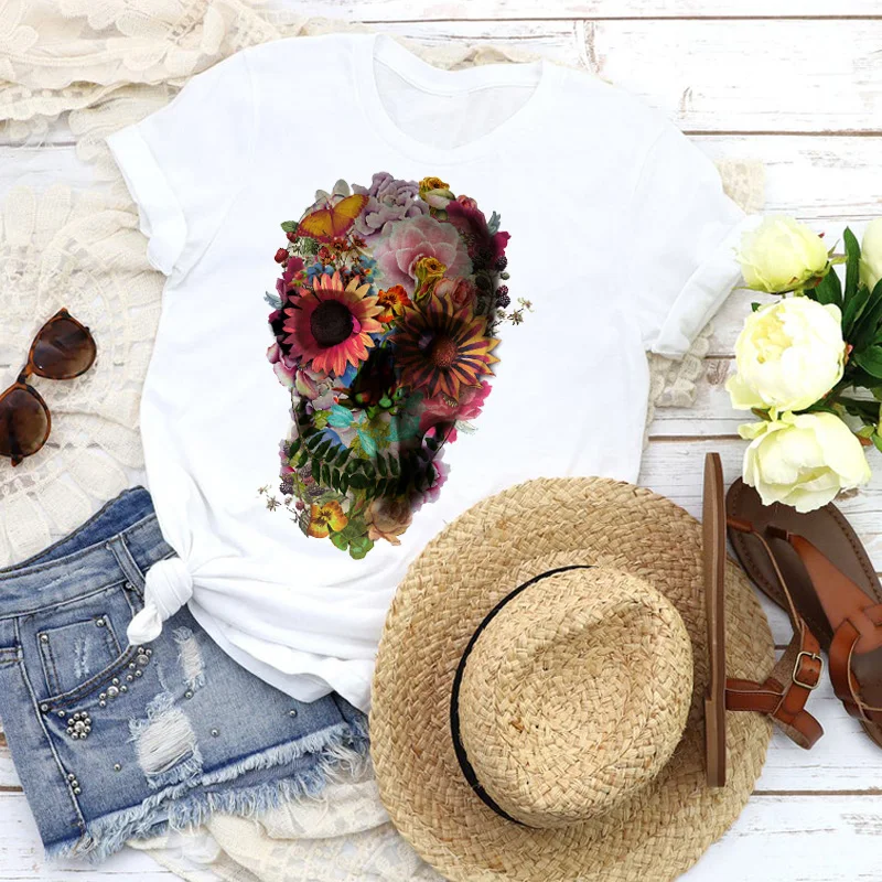 Женская футболка с рисунком черепа и ужасов цветочным принтом|Футболки| |