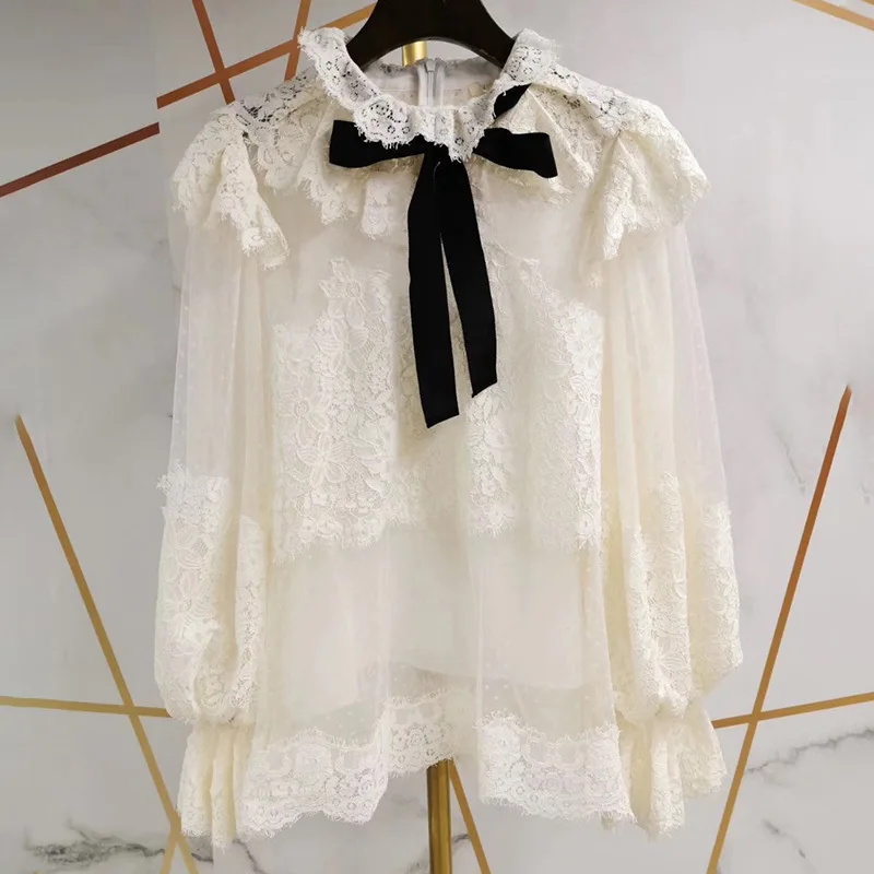 

Новая маленькая популярная дизайнерская кружевная прозрачная блузка-рубашка с украшением в виде галстука для женщин