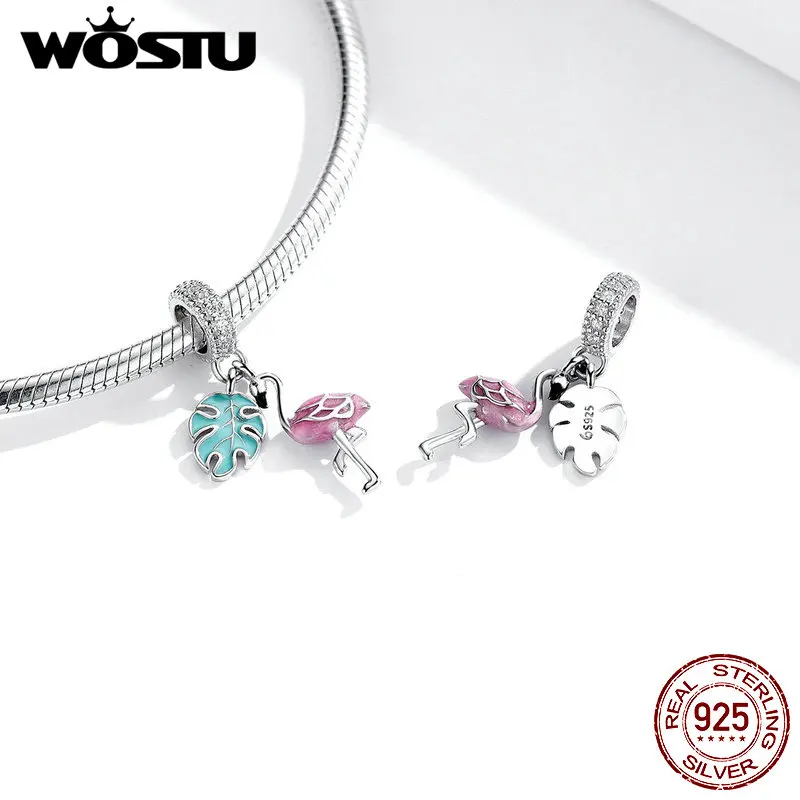 WOSTU 925 пробы серебряные бусины тропические фламинго цветные эмалевые подходят