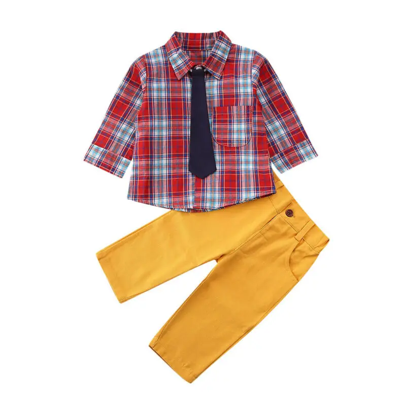 Autumn Toddler Kids Baby Boy Shirt tie long sleeve Plaid Tops Hosen Long Pants Gentleman Outfits Clothes 1-6 Years |