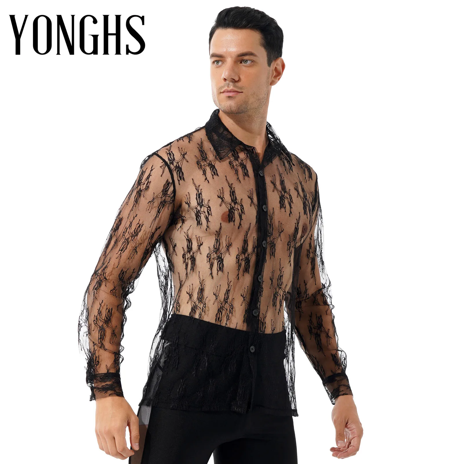 

Mens Fashion See-through Floral Lace Shirt Turn-down Collar Long Sleeve Button Tee Shirt Tops Male Stage Performance Costume