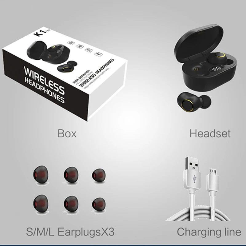 

K1 TWS Bluetooth Wireless Earphones Hifi Stereo Music Auto Paring Earbuds Portable hifi earphone 3d stere waterproof