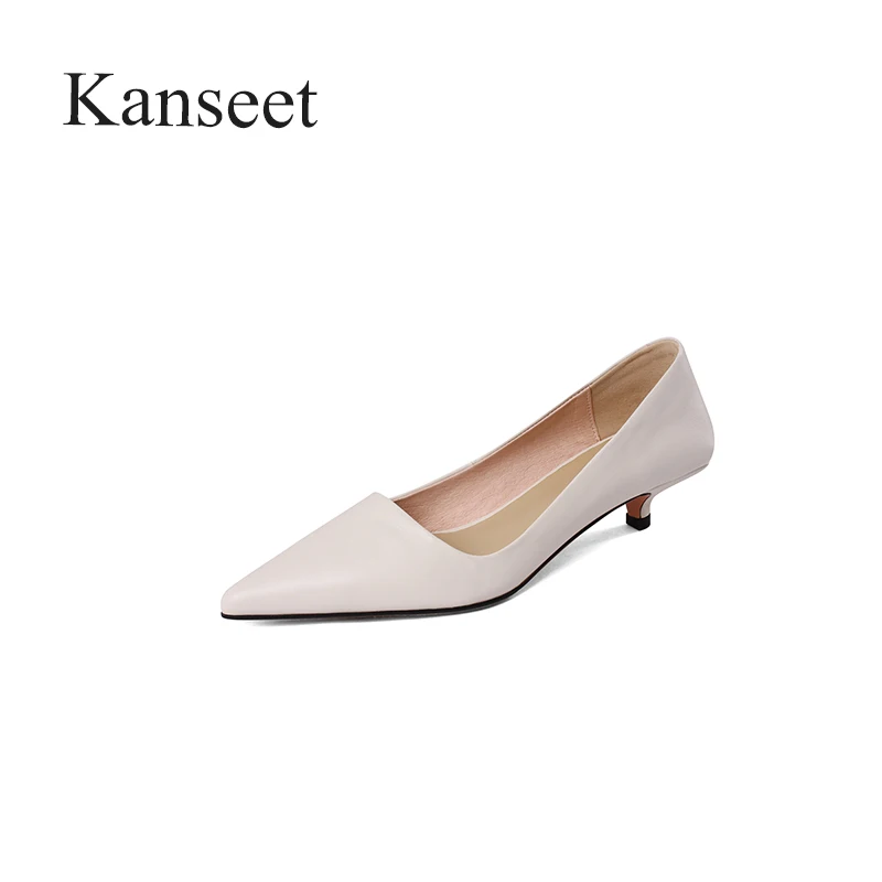 Kanseet 2021 New  Woman's Pumps Spring Autumn High Quality Genuine Leather Pointed Toe Concise Handmade Shallow Mid Heels Shoes