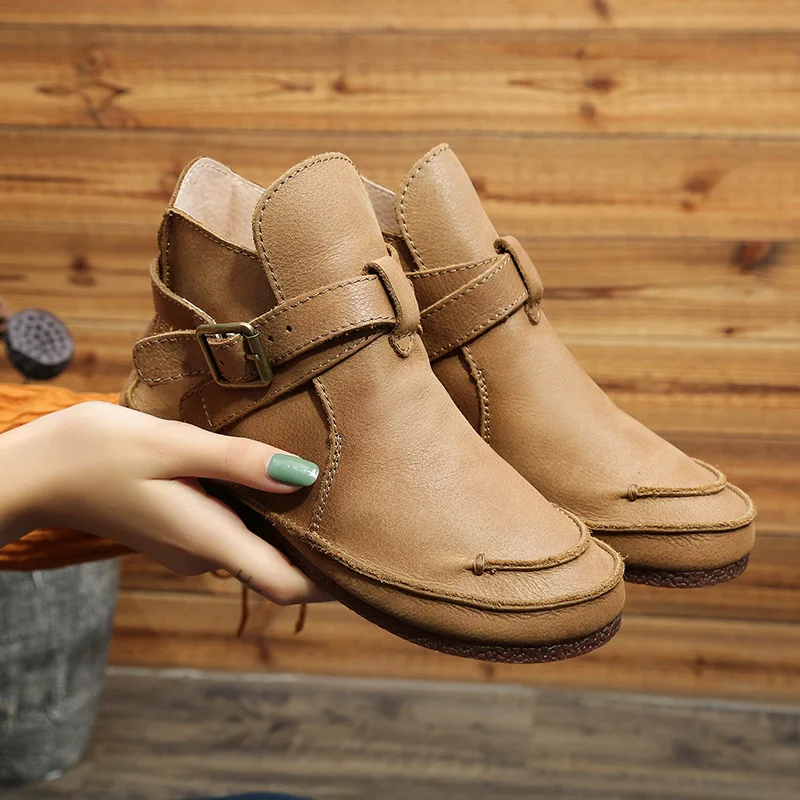 

Autumn Winter New Retro Top Quality Ankle Boots Women Belt Buckle Platform Genuine Cow Leather Short Boots Handmade Female Shoes