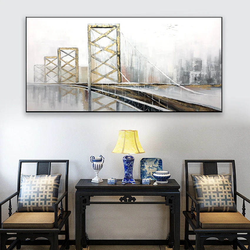 Современный городской мост пейзаж картина для украшения дома стены ручная