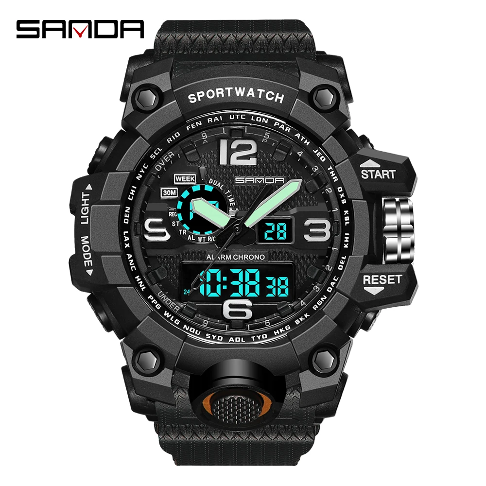 SANDA Military Army Mens Watch 30m Waterproof Sport Watch Dual Time Analog Automatic Watches Male Shock Digital Watches Gifts