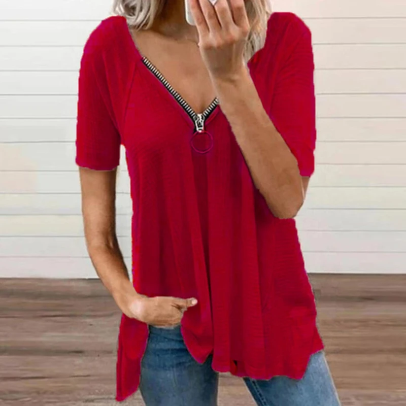 

Women Short Sleeve T-shirt Patchwork Zipper Loose Lady Top Clothing 2021 New Summer Casual Tee shirt Femme