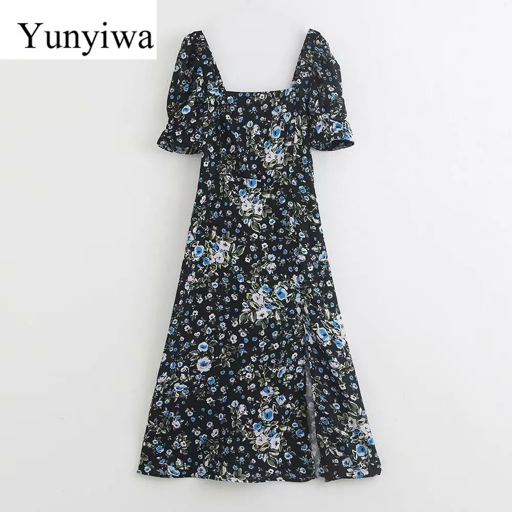 

Women Vintage Square Collar Flower Print Split Midi Dress Ladies Pleat Puff Sleeve Vestidos Back Elastic Dresses