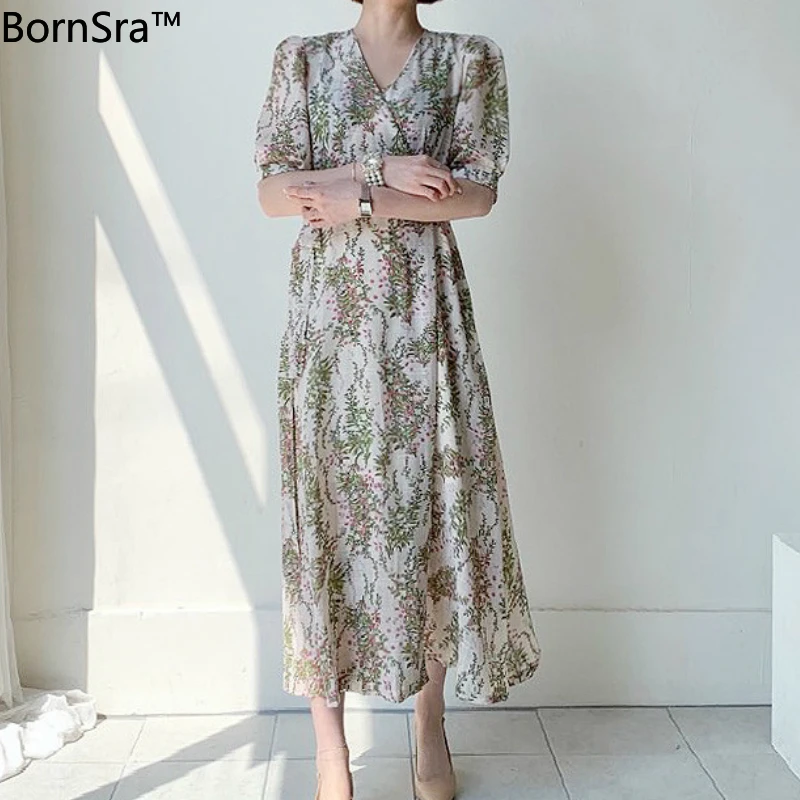 

Женское шифоновое платье BornSra, шикарное шифоновое платье с пышными рукавами и V-образным вырезом в японском стиле