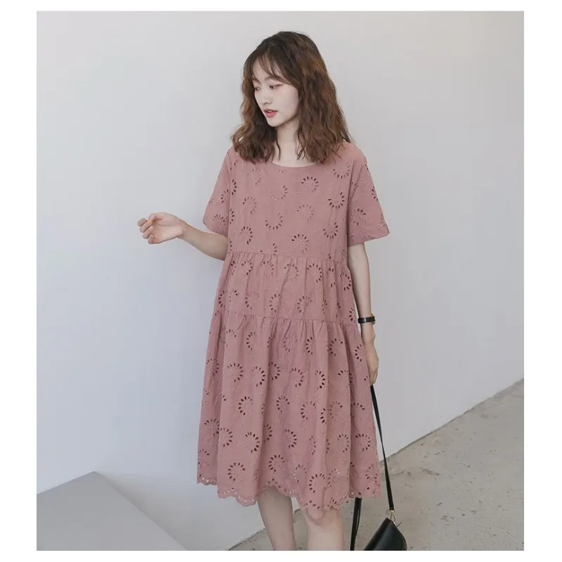 

4 Colors-- Hollow Out Embroidery Short Sleeve Loose Cotton Dress Vintage