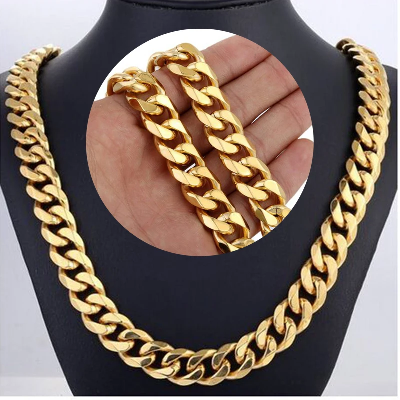 

15mm Goth Men's Necklace Curb Cuban Link Chain Collar Choker Gold Color Stainless Steel Jewelry Hip Hop Boys Gift Wholesale