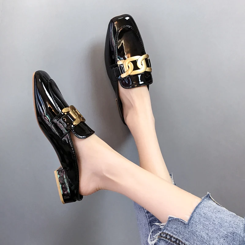 

Female Shoes Slippers Casual Slides Cover Toe Low Rivet 2021 Luxury Soft PU Spring Fashion Rubber Hoof Heels Metal Decoration