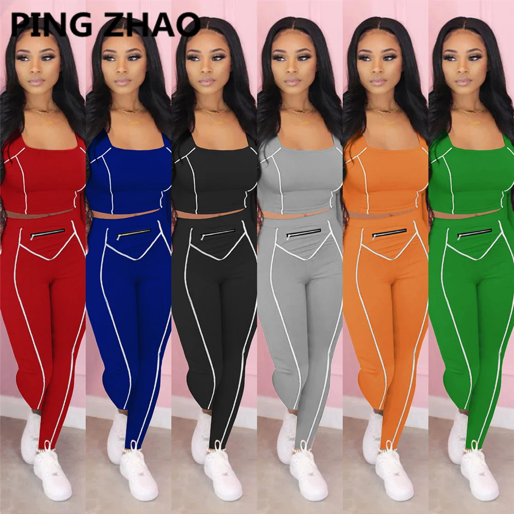 

PING ZHAO Long Sleeve O-Neck Crop Tops Leggings 2 Pieces Set Autumn Women Fashion Streetwear Outfits Tracksuit