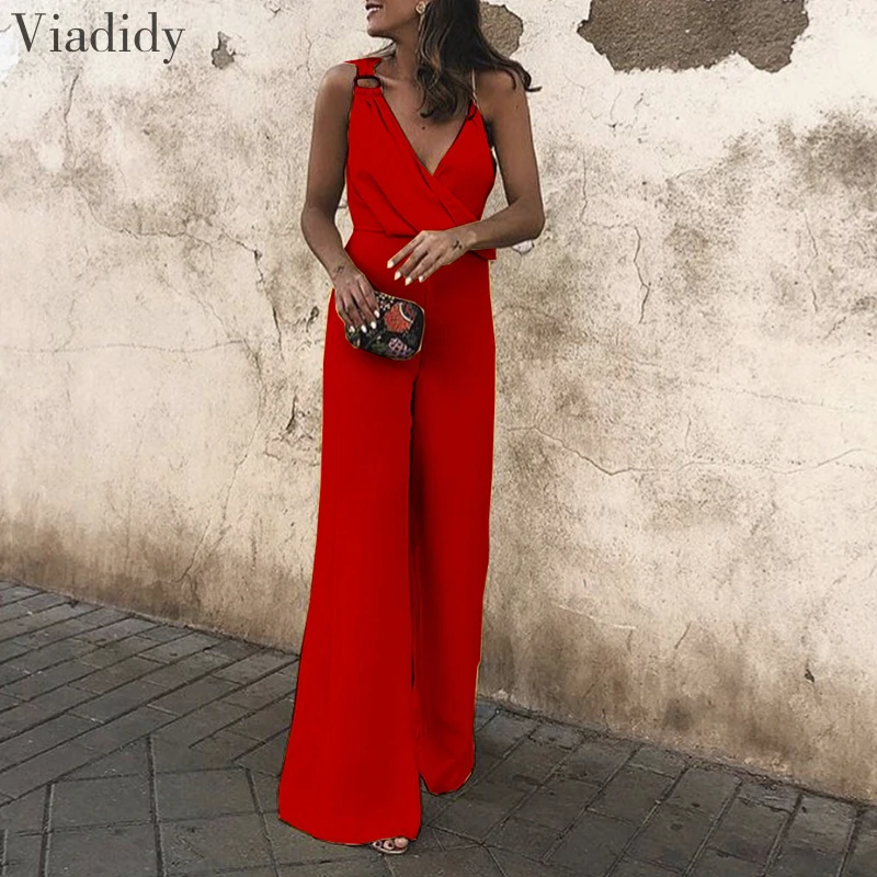 

Women Asymmetrical Fashion Spaghetti Strap OL Rompers Solid Color V Neck Wide Leg Trendy Jumpsuit