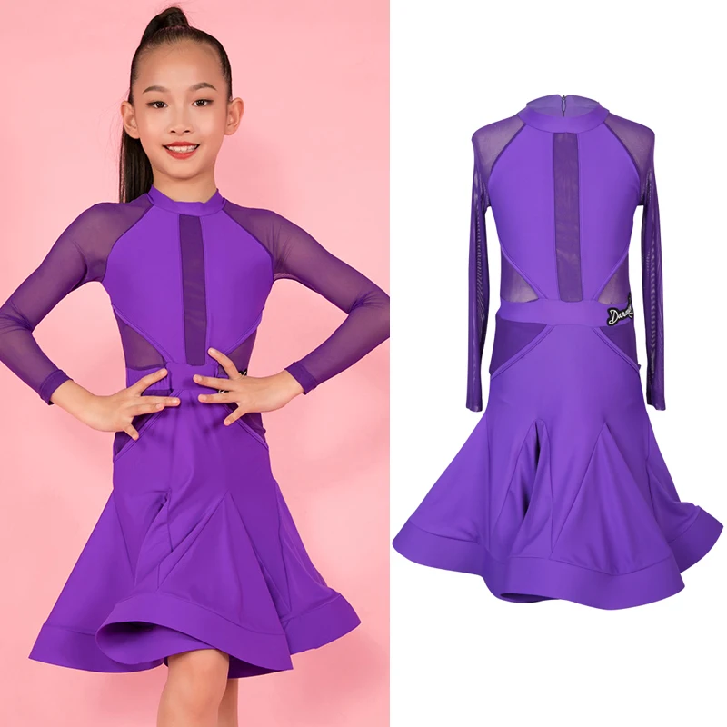 Детское платье для латиноамериканских танцев фиолетовое танцевальный костюм