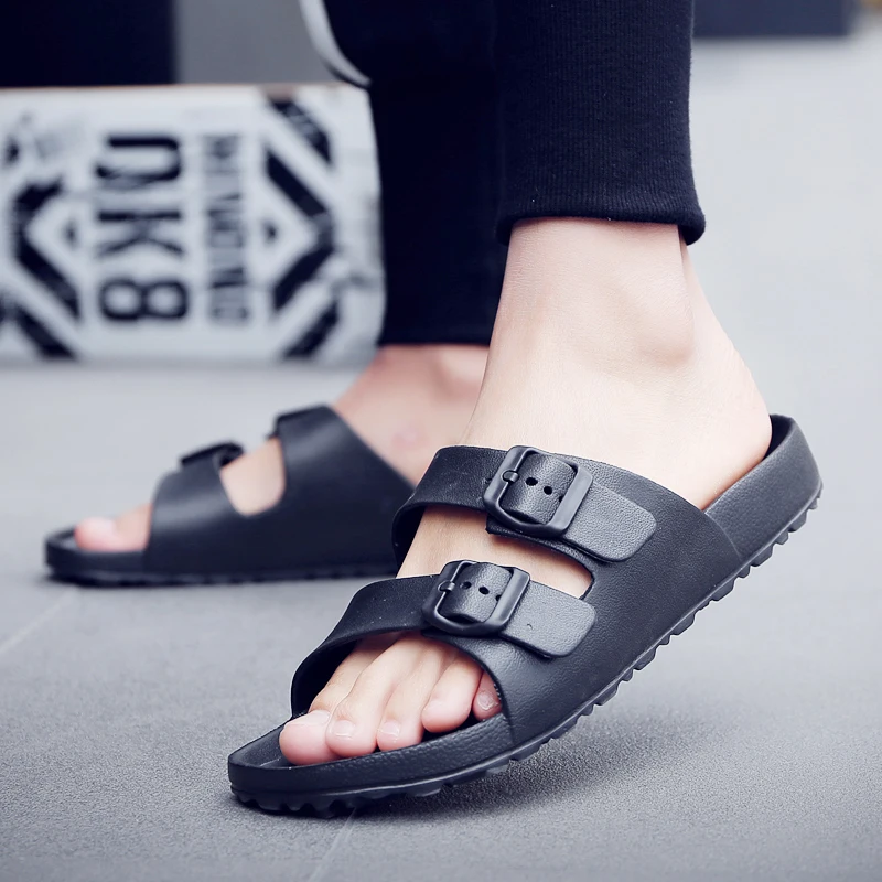 

Classic Black Flat Slide Sandals with Arch Support 2 Strap Adjustable Double Buckle Slip on Slides Shoes Non-Slip Rubber Sole