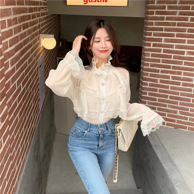Stand collar chiffon shirt female Ruffled Long sleeve 2021 Loose Ladies Lace Women Shirts Blusas Feminine harajuku shirt 228F