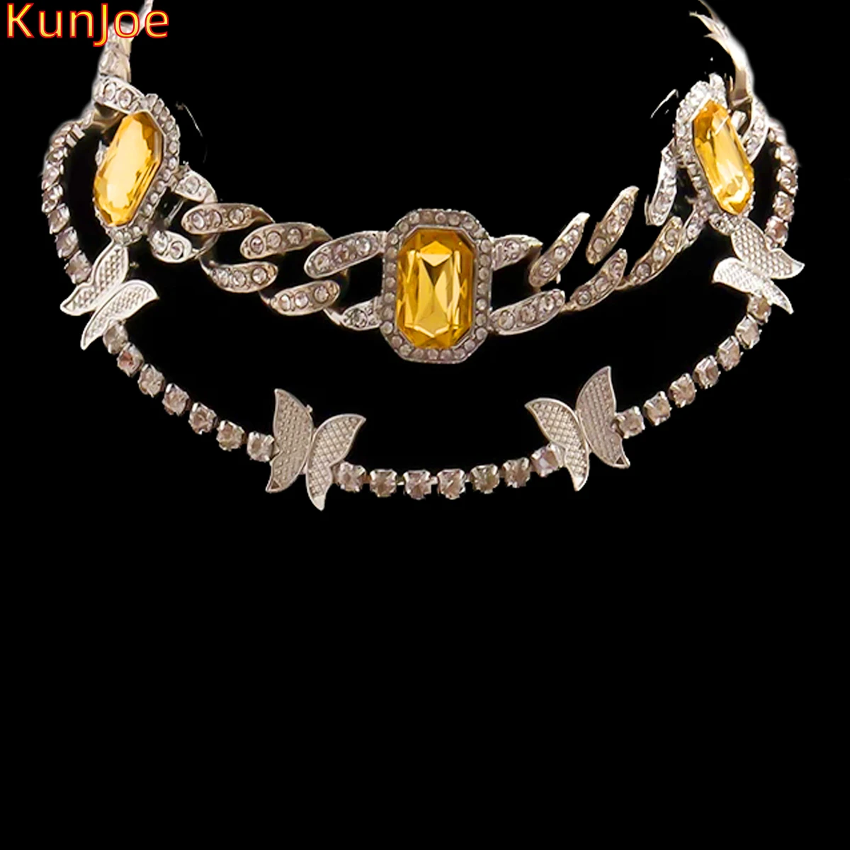 

KunJoe Hip Hop Iced Out Cuban Chain Necklace With Yellow Gem Crystal Butterfly Pendant Tennis Chain Rapper Choker Women Jewelry